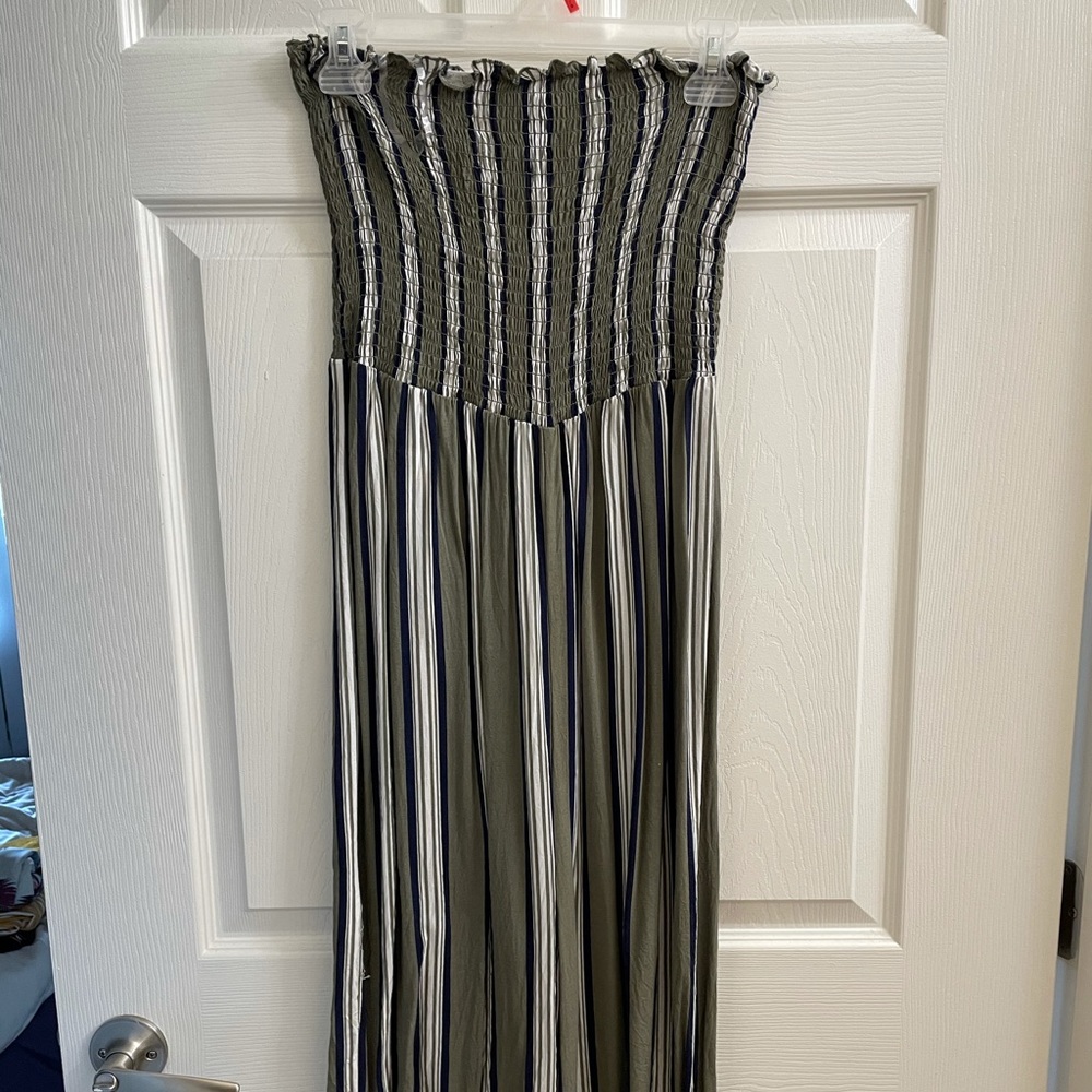 Green Striped Strapless Culotte Jumpsuit